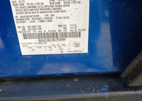 2019 Ford Ecosport Titanium z USA, uszkodzony, nr VIN MAJ6S3KL2KC293999